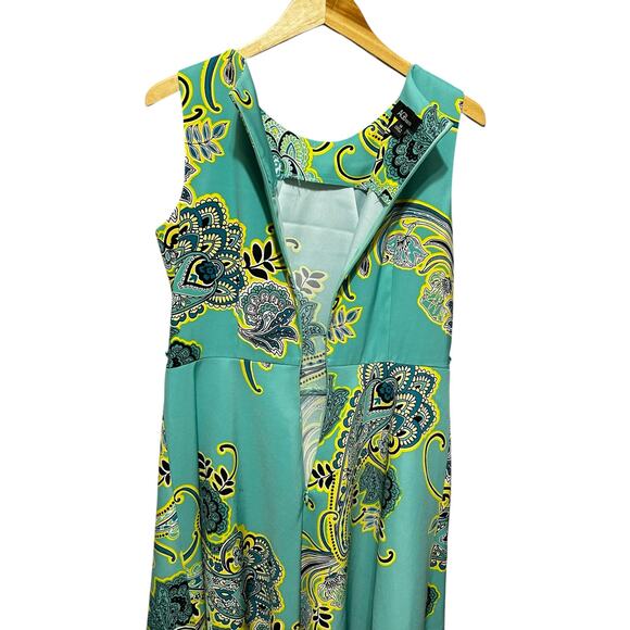 AGB Womens Dress 14 Teal‎ Floral Paisley Fit Flare Mid Length Boho Retro Mod - Picture 9 of 13